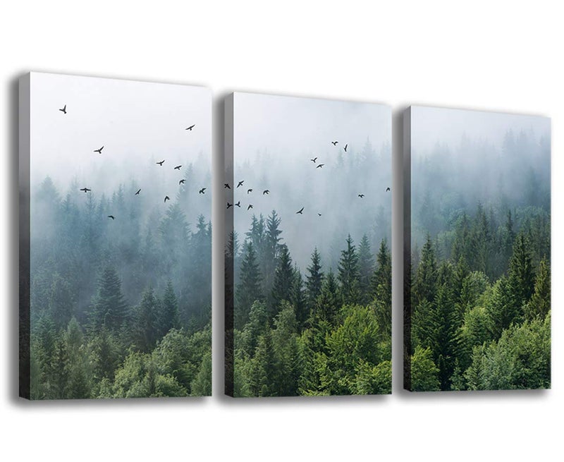 tigeridge Green Forest Wall Art Tropical Forest Mountain Bird Contemporary Canvas Pictures Modern Artwork Framed for Bathroom Bedroom Nursery Living Room Home Office Kitchen Wall Decor 16" x 24" 3 Pieces - Image 1